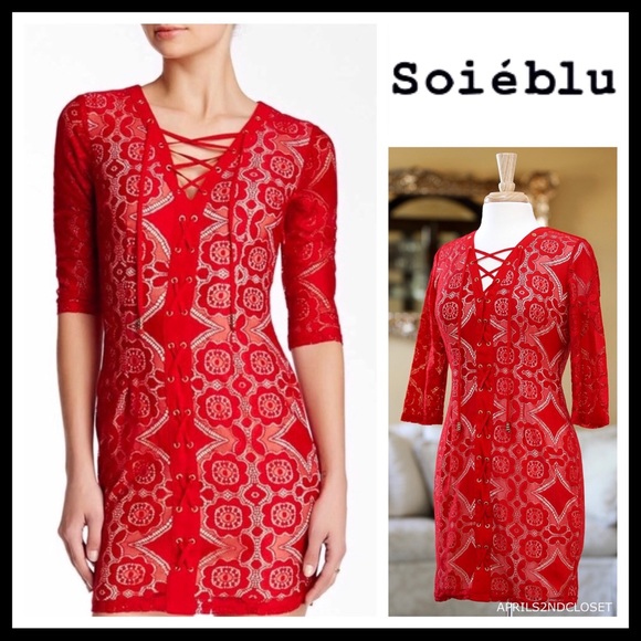 Soieblu Dresses & Skirts - RED LACE UP V-NECK SHIFT TUNIC MINI DRESS A3C